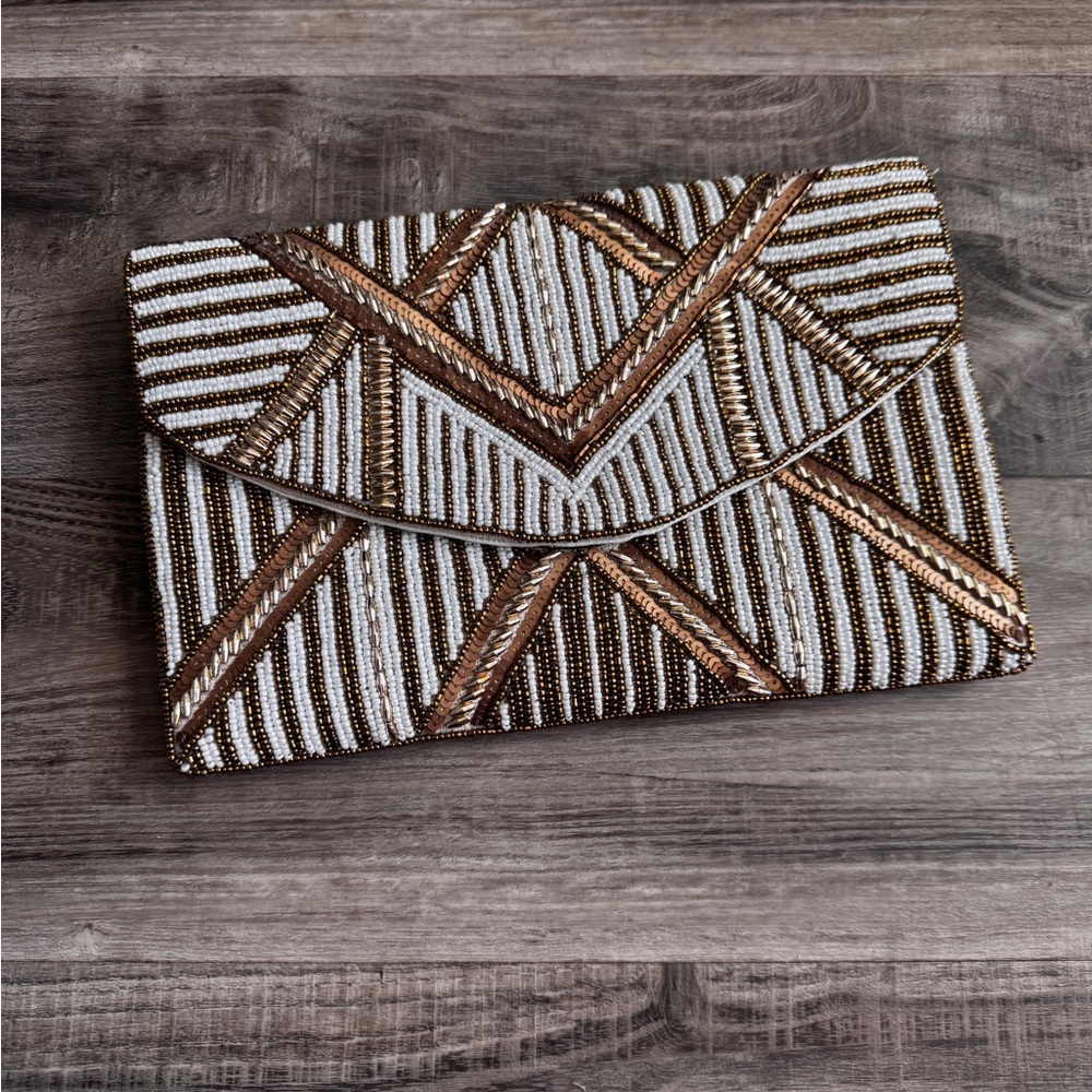 Beaded Brown and White Clutch
